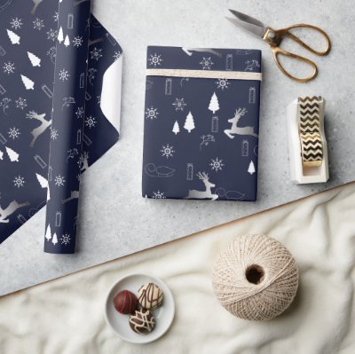 Dark Background Wrapping Paper with Silver Reindee