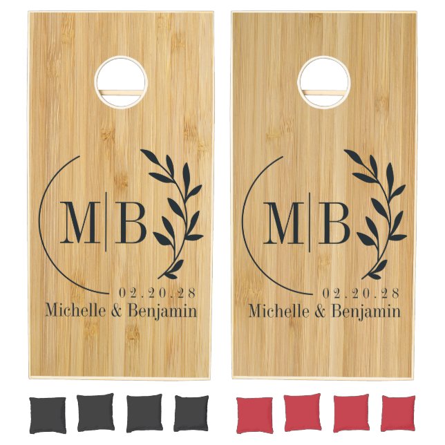 Dark Bamboo Leaf Wedding Monogram Cornhole Set (Set)