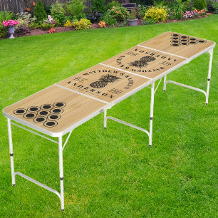 Dark Bamboo Tropical Pineapple Wedding Crest Beer Pong Table
