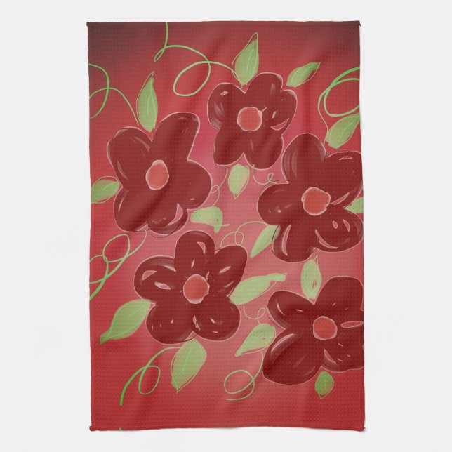 Dark barn red floral kitchen towel (Vertical)