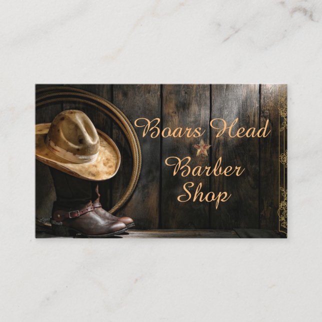 Dark Barn Wood, Boots and Cowboy Hat on a Business Card (Front)