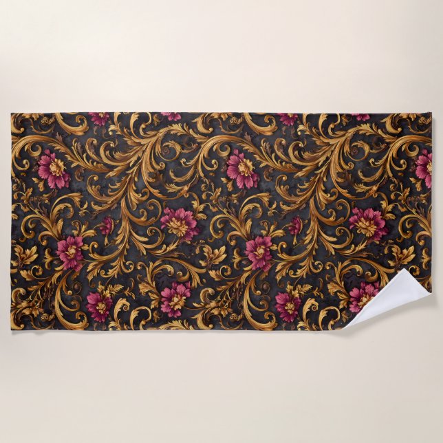 Dark Baroque Floral with Gold Scrolls Beach Towel (Front)