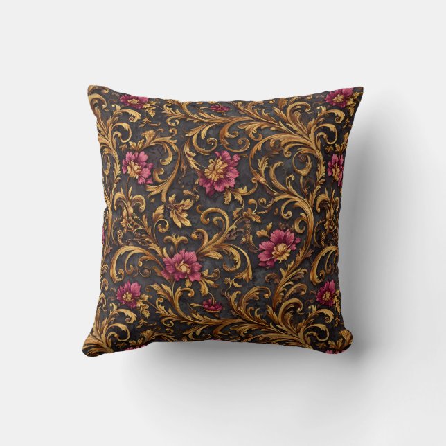 Dark Baroque Floral with Gold Scrolls Throw Pillow (Back)