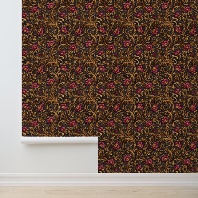 Dark Baroque Floral with Gold Scrolls Wallpaper (Application)