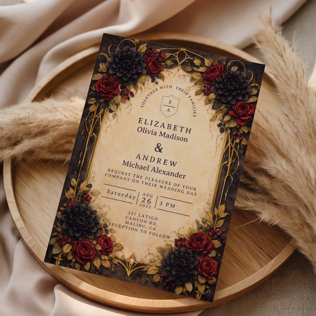 Dark Baroque Red Floral Wedding Invitation (Creator Uploaded)