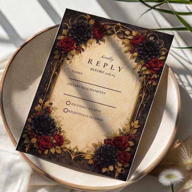 Dark Baroque Red Floral Wedding RSVP Card (Creator Uploaded)
