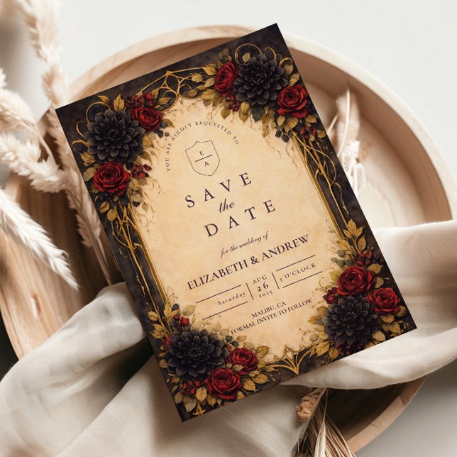 Dark Baroque Red Floral Wedding Save The Date (Creator Uploaded)