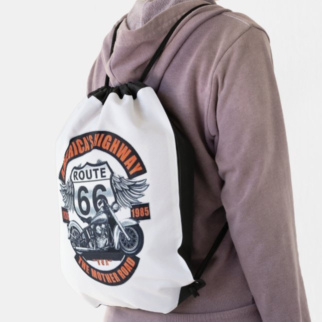 Dark Basic theme Route 66 Motorcycles Drawstring Bag (Insitu)