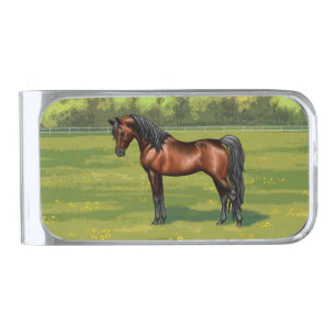 Dark Bay Egyptian Arabian Horse in Summer Pasture Silver Finish Money Clip