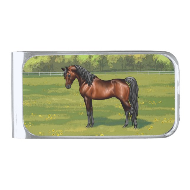 Dark Bay Egyptian Arabian Horse in Summer Pasture Silver Finish Money Clip (Front)