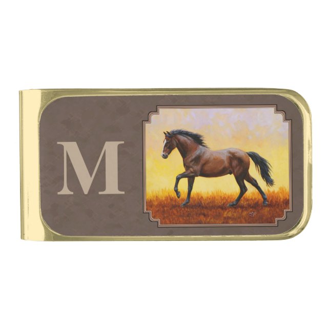 Dark Bay Running Horse Taupe Gold Finish Money Clip (Front)