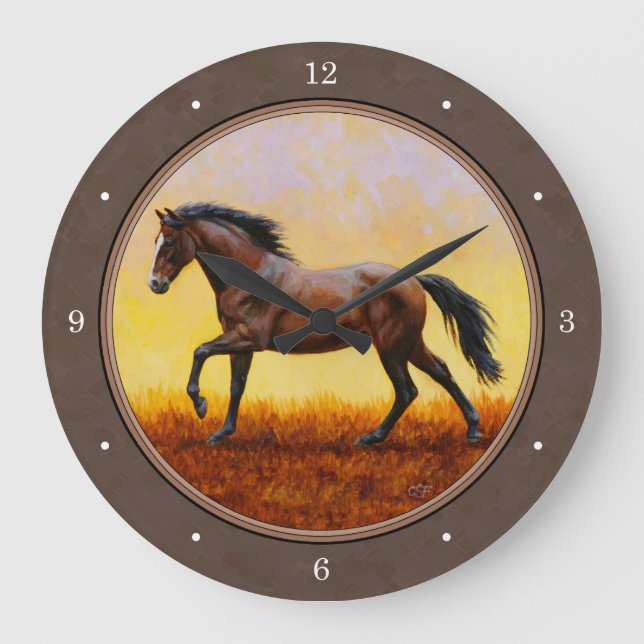 Dark Bay Running Horse Taupe Large Clock (Front)