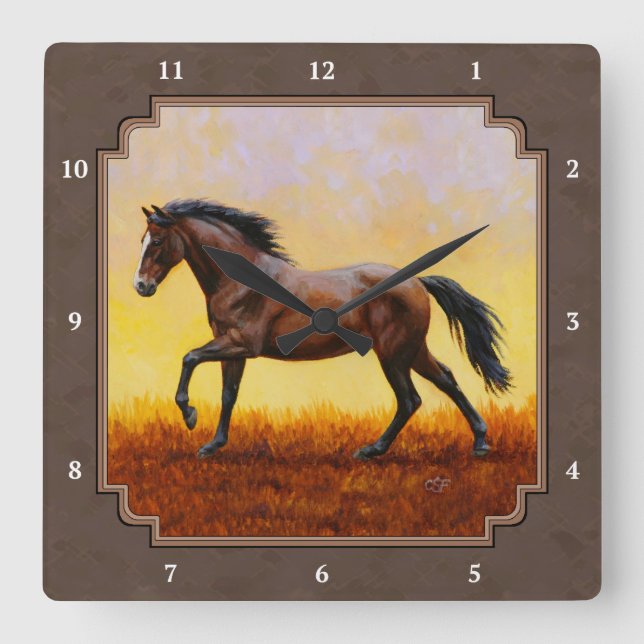 Dark Bay Running Horse Taupe Square Wall Clock (Front)