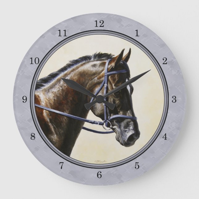 Dark Bay Sport Horse Gray Large Clock (Front)