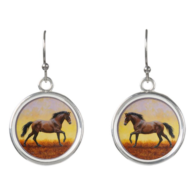 Dark Bay Stallion Horse Galloping Earrings (Front)