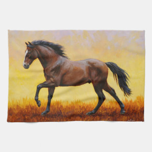Dark Bay Stallion Horse Galloping Kitchen Towel