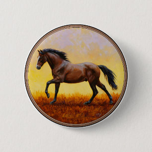 Dark Bay Stallion Horse Galloping Pinback Button