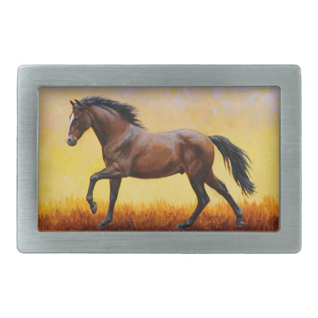 Dark Bay Stallion Horse Galloping Rectangular Belt Buckle (Front)