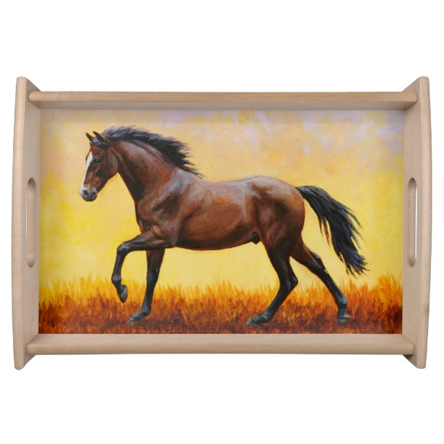 Dark Bay Stallion Horse Galloping Serving Tray (Front)