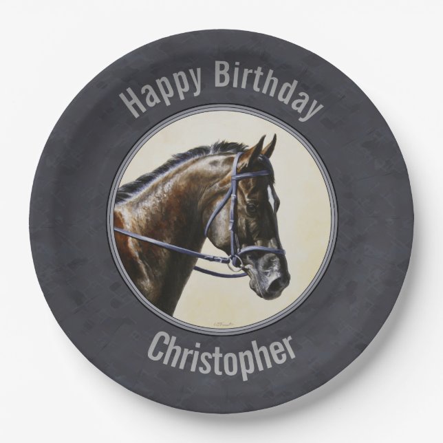 Dark Bay Trakehner Horse Charcoal Grey Paper Plates (Front)