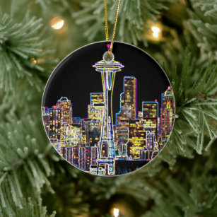 Dark be the Night - Luminous Seattle Skyline Ceramic Ornament
