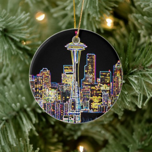 Dark be the Night _ Luminous Seattle Skyline Ceramic Ornament