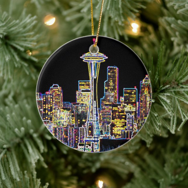 Dark be the Night - Luminous Seattle Skyline Ceramic Ornament (Tree)