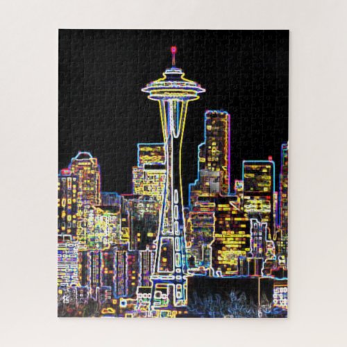 Dark be the Night _ Luminous Seattle Skyline Jigsaw Puzzle