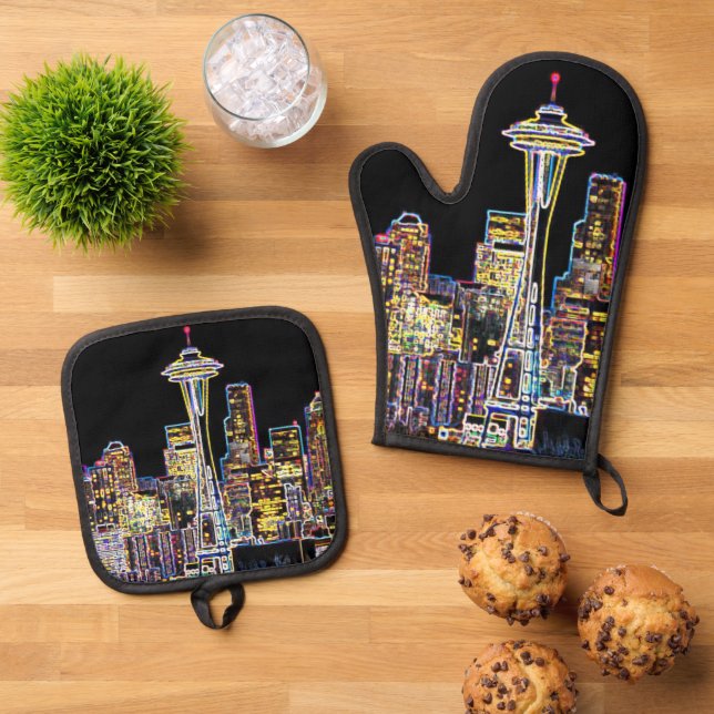 Dark be the Night - Luminous Seattle Skyline Oven Mitt & Pot Holder Set (Top Down)