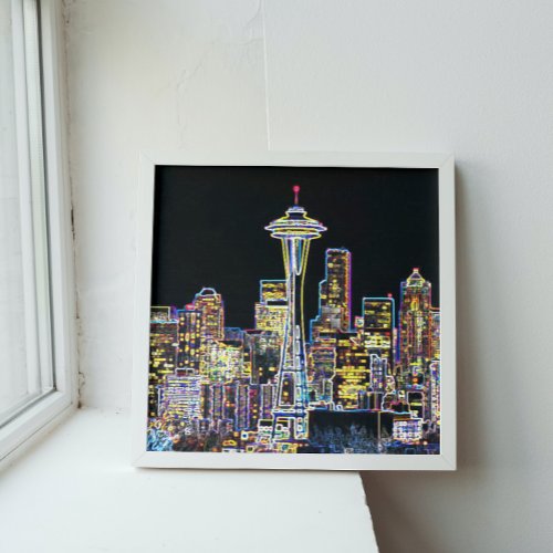 Dark be the Night _ Luminous Seattle Skyline Poster