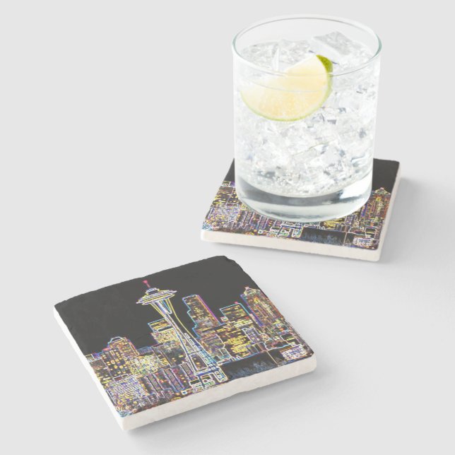 Dark be the Night - Luminous Seattle Skyline Stone Coaster (Side)