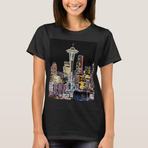 Dark be the Night _ Luminous Seattle Skyline T_Shirt