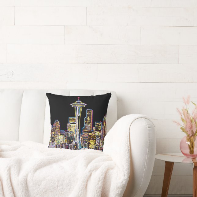 Dark be the Night - Luminous Seattle Skyline Throw Pillow (Couch)