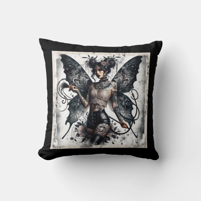 Dark Beauty Gothic Asian Fairy Tattoos & Whip Throw Pillow (Front)
