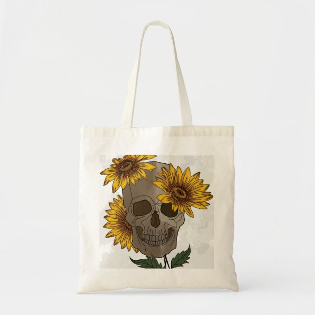 Dark Beauty: Skull Meets Sunflower Tote Bag (Front)