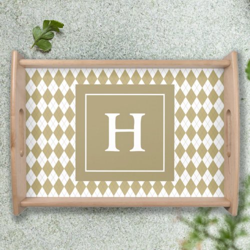 Dark Beige Classic Argyle Pattern Monogrammed Serving Tray