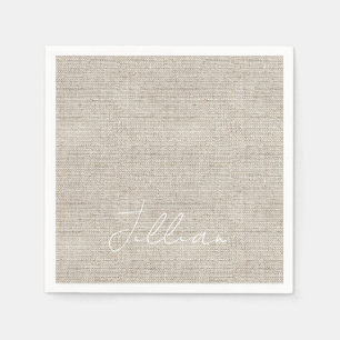 Dark Beige Linen Fabric White NAME Timeless Napkins