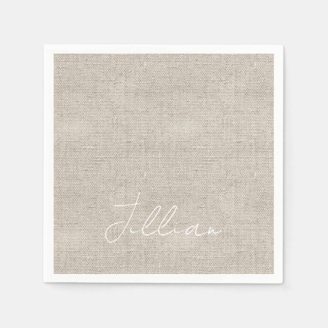Dark Beige Linen Fabric White NAME Timeless  Napkins (Front)