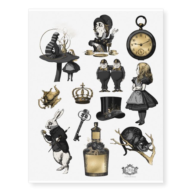 Dark, Black and Gold Gothic Alice  Temporary Tattoos (Front)
