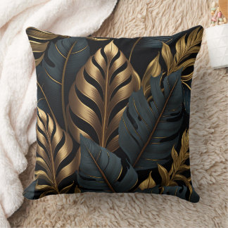 Dark Black and Golden Leaves Throw Pillow