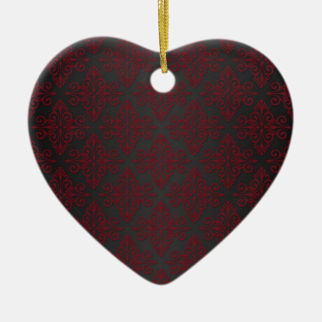 Dark Black and Red Damask Ceramic Ornament (Front)