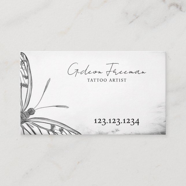 Dark Black and White Butterfly Tattoo Shop Business Card (Front)