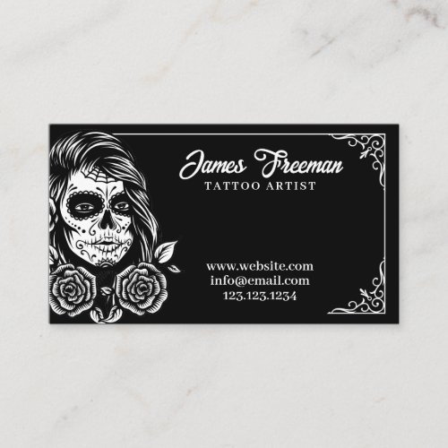 Dark Black and White Lady Skull Tattoo Artist Business Card