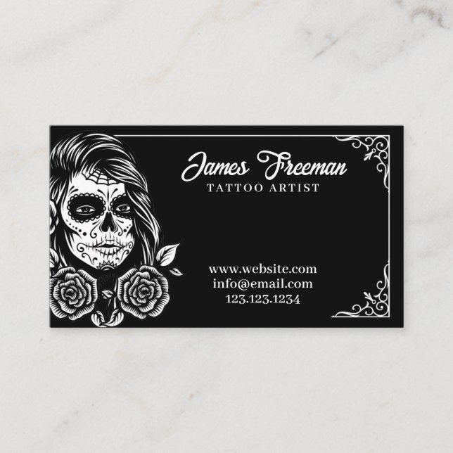 Dark Black and White Lady Skull Tattoo Artist Business Card (Front)