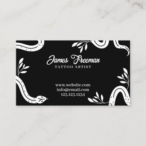 Dark Black and White Leaves  Snakes Tattoo Artist Business Card