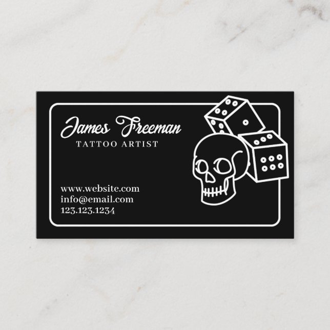 Dark Black and White Skull Dice Tattoo Artist Business Card (Front)