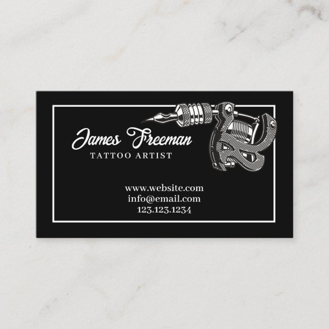 Dark Black and White Tattoo Machine Tattooer Business Card (Front)