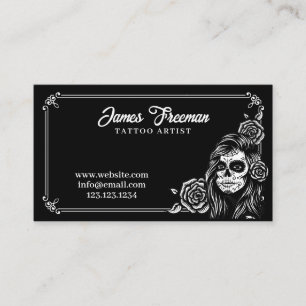 Dark Black and White Woman Skull Tattoo Artist Business Card