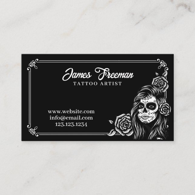 Dark Black and White Women Skull Tattoo Artist Business Card (Front)