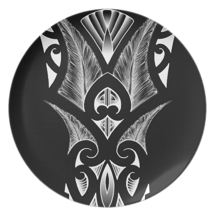 Dark black design with koru tattoo in white party plates